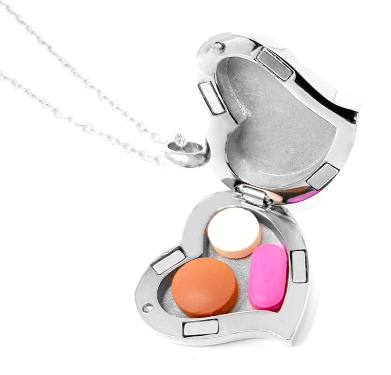 pill thing Amour Heart Pill Necklace - Polished Heart Locket with Strong Magnetic Closure - Medication Necklace - Keep Your Medication Securely with You at All Times - Locket Necklace26 Inch Chain (Silver) - Image 4